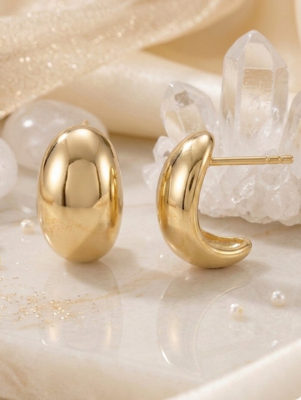 18K Yellow Gold Plated Dome Stud Earrings SS Old Money Minimalist Classic 0.43"